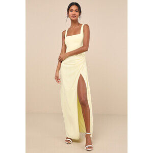 Lulus Glamorous Disposition Light Yellow Ruched Maxi Dress - Size M